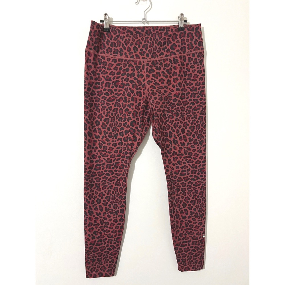 NIKE Dri-FIT Leggings Women Red Leopard Print Athletic Yoga Gym L